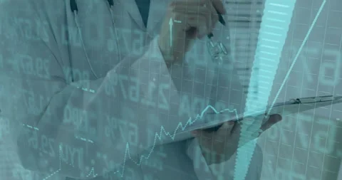Doctor writing patient notes tracking metrics with rising arrow overlay shifting Stock Footage 314744864