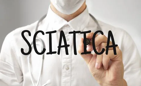 Doctor writing word SCIATICA with marker, Medical concept Stock Photos
