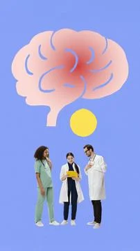 Doctors analyzing brain with highlighted pain zone in surreal 3D gradient 库存照片