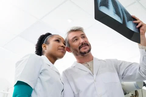 Doctors Analyzing Chest X-ray In Examination Room 写真素材
