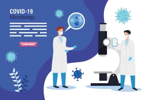 Doctors and microscope with particles covid 19 Stock Illustration