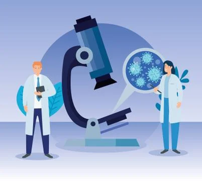 Doctors and microscope with particles covid 19 Stock Illustration