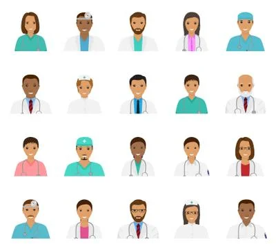 Doctors and nurses characters avatars set. Medical people icons of faces. Stock Illustration