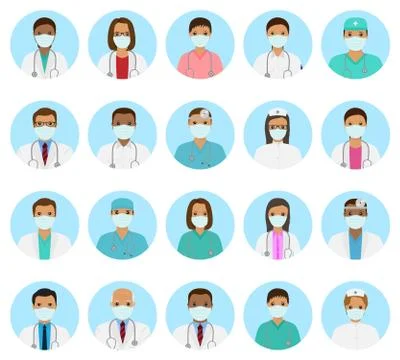 Doctors and nurses characters avatars set. Medical people icons of faces with Stock Illustration