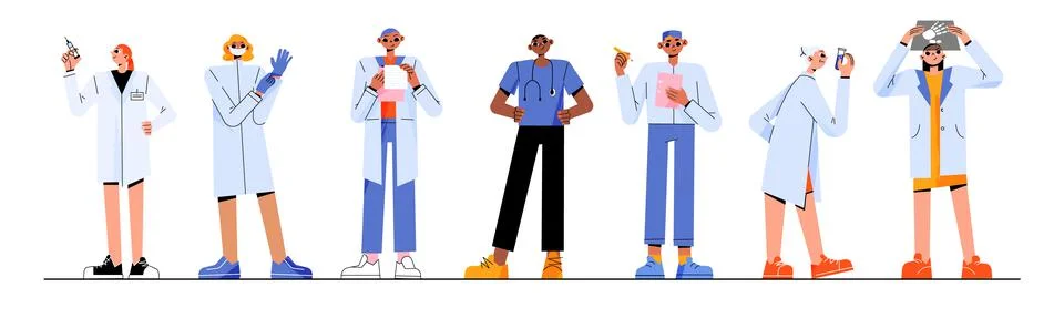 Doctors and nurses flat characters set Stock Illustration