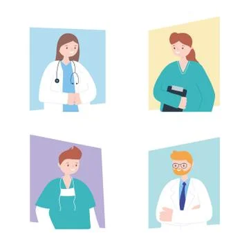 Doctors and nurses, physicians nurses male female cartoon character medical Stock Illustration