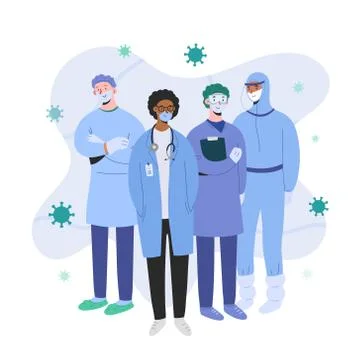 Doctors and nurses wearing protective suits and masks standing together ready Stock Illustration