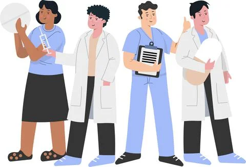 Doctors are standing with a large pill and a syringe and a pill Stock Illustration