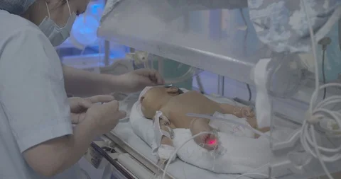 Doctors are taking care a newborn baby in incubator Intensive care unit Stock Footage 127744656