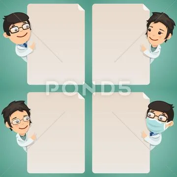 Doctors cartoon characters looking at blank poster set Stock Illustration