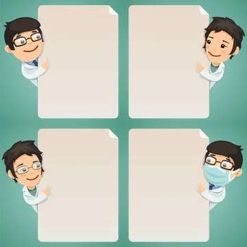 Doctors cartoon characters looking at blank poster set Stock Illustration