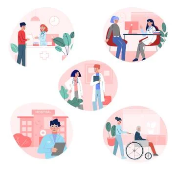 Doctors Checking Up and Consulting Patients in Hospital Office, Medical Stock Illustration