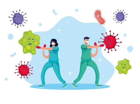Doctors couple fighting virus comic characters 스톡 일러스트