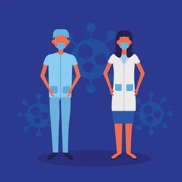 Doctors couple using face masks with covid19 particles Stock Illustration