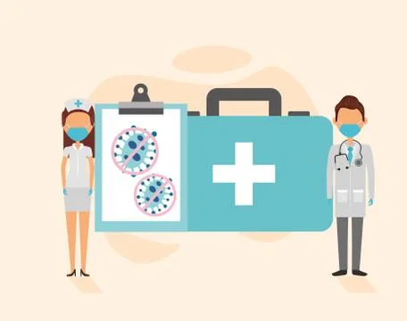 Doctors couple using face masks with checklist and medical kit 스톡 일러스트