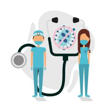 Doctors couple using face masks with stethoscope and covid19 particle Stock Illustration