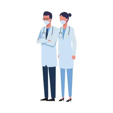 Doctors couple workers using face masks for covid19 Illustrazione stock