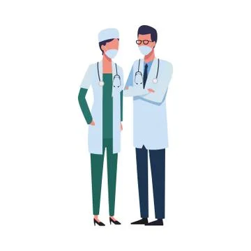 Doctors couple workers using face masks for covid19 Illustrazione stock