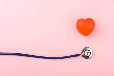 Doctor's Day concept, flat lay top view, equipment medical red heart and stet Stock Photos