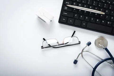 Doctors desk flat lay background Stock Photos