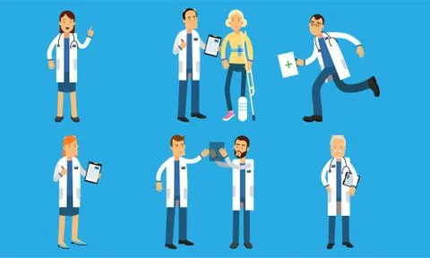 Doctors In Different Poses And Actions, Advise, Rush To The Rescue Vector Stock Illustration