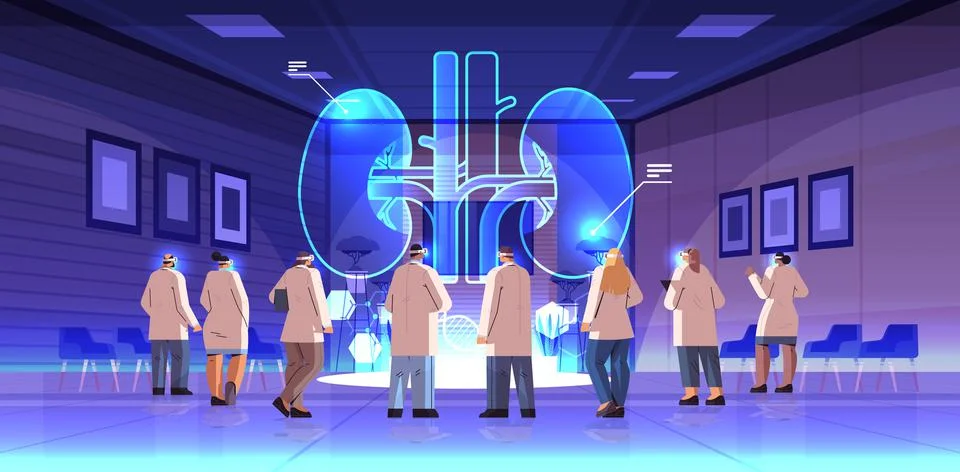 Doctors in digital glasses looking at virtual detailed explanation anatomical Ilustración de archivo