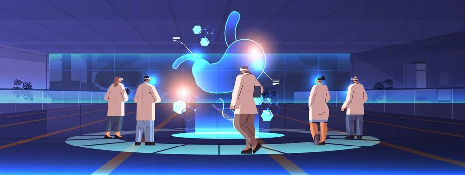 Doctors in digital glasses looking at virtual detailed explanation anatomical 스톡 일러스트