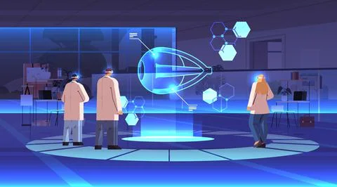 Doctors in digital glasses looking at virtual detailed explanation anatomical Ilustración de archivo