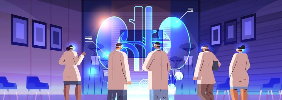 Doctors in digital glasses looking at virtual detailed explanation anatomical Ilustración de archivo