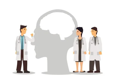 Doctors discuss about the brain head together. Psychology or mental health co Stock Illustration
