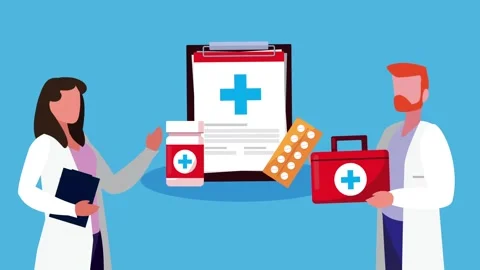 Doctors discussing medical chart, first aid kit, and medicines motion graphic Stock Footage 338315680
