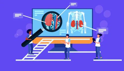 Doctors examining liver X-ray of patient on computer monitor health care medical Stock-Illustration