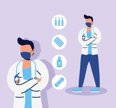 Doctors with face masks and set icons Stock Illustration