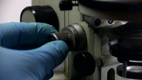 A doctor's gloved hand adjusts an old microscope Stock Footage 317296831