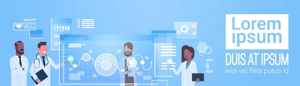 Doctors Group Use Virtual Computer Interface Innovation Technology Concept Stock Illustration