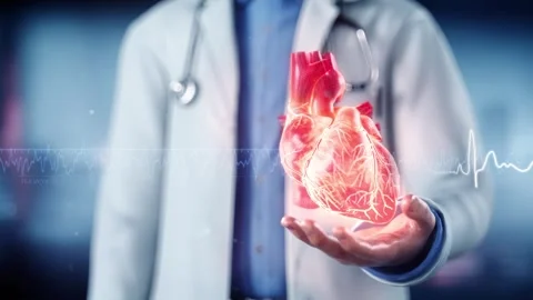 Doctor's hand cradles a beating heart with real-time ECG waveform. Stockbeeldmateriaal 345012713