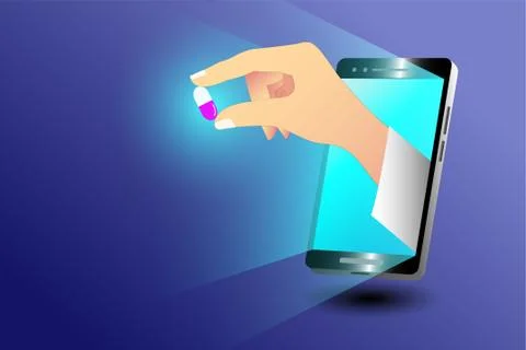 The doctor's hand is holding capsule  through the phone, online, remote medic Stock Illustration