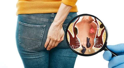 Doctor's hand with a magnifying shows the pathologies of rectum and hemorrhoi Фото