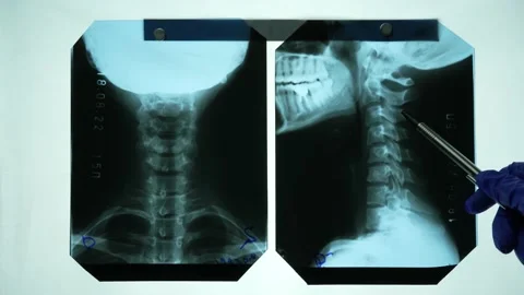 Doctor's hand pointing on x-ray of female patient neck. Stock Footage 237186094
