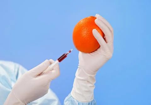 Doctor's hands injecting orange fruit with syringe on blue Stock-Fotos