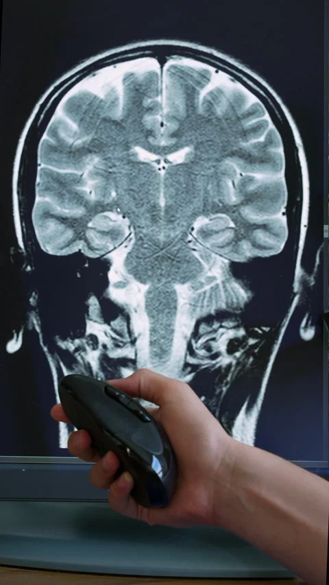 Doctor’s Hands Using Mouse to Scroll Through Brain MRI Images Stock Footage 291723528