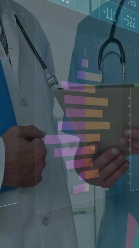Doctors holding clipboard and tablet, medical data analysis animation over them Stock Footage 342916225