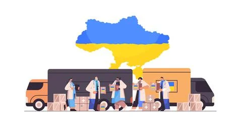 Doctors holding help boxes with medical supplies humanitarian aid material Ilustração Stock