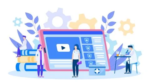 Doctors medical interns study using online learning video vector illustration. Stock Illustration
