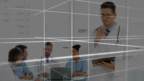 Doctors in meeting and writing notes over grid lines animation Stock Footage 304404170