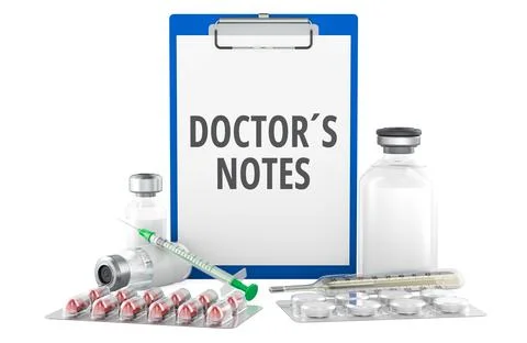 Doctors notes clipboard with pills, vials and syringe. 3D rendering イラスト素材