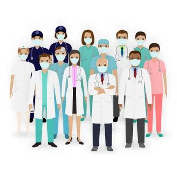Doctors, nurses and paramedics characters with masks icons. Group of medical  Stock Illustration