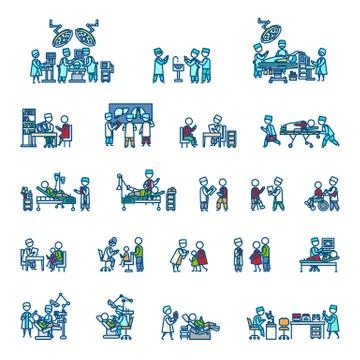 Doctors with patients in different action poses. Color vector illustration. Icon Stock Illustration