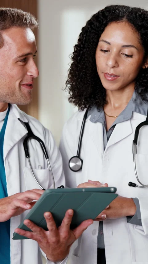 Doctors, people and discussion with tablet in clinic for research, digital app Stock Footage 341476709