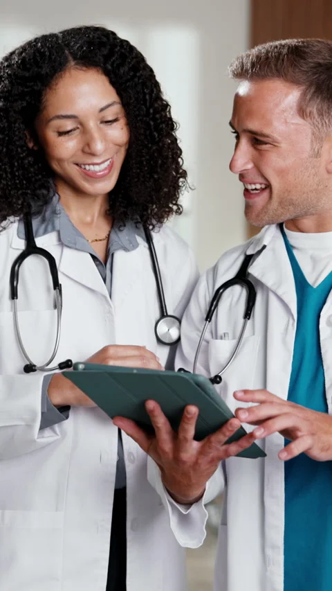 Doctors, people and handshake with tablet in clinic for research, app or test Stock Footage 341476135